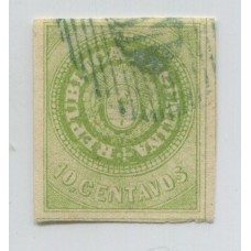 ARGENTINA 1862 GJ 11 ESCUDITO DE 10 Cts. ESTAMPILLA USADA CON DOBLEZ DE CARTA, AUN ASI HERMOSO EJEMPLAR U$ 275